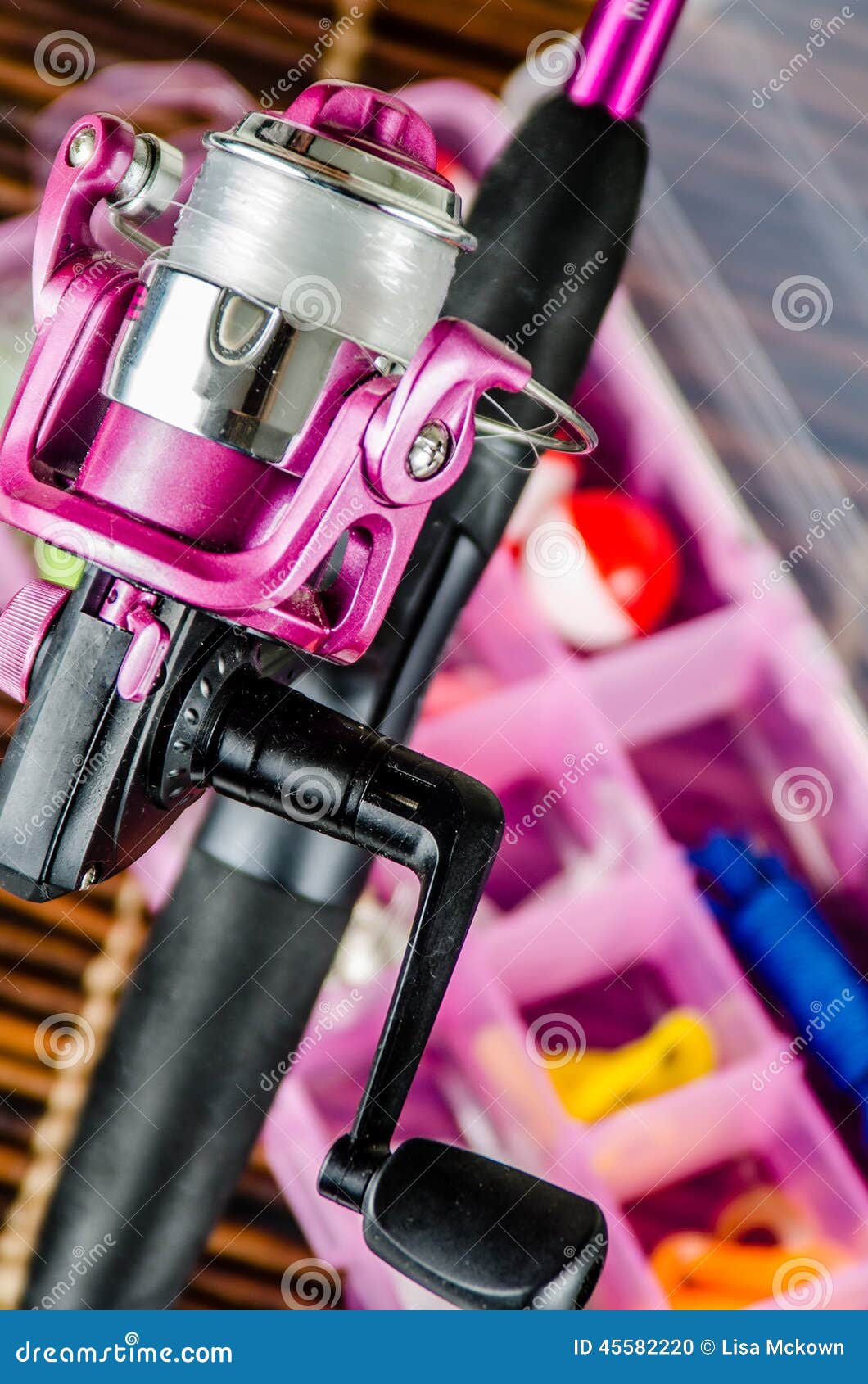 Fishing Pole and Tackle in Pink Stock Photo - Image of recreation