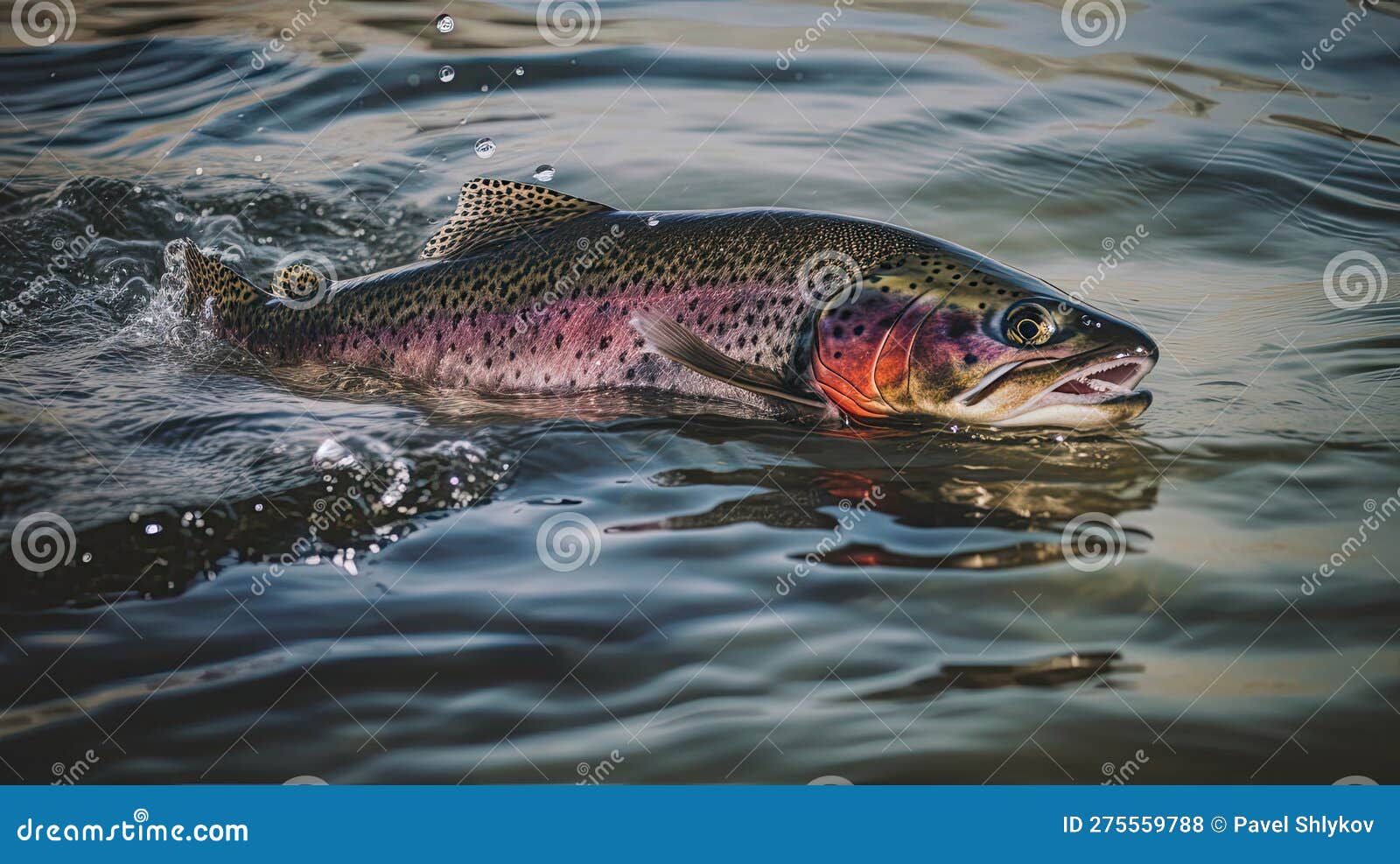 Fishing. Rainbow Trout Fish Jumping with Splashing in Water Stock  Illustration - Illustration of angling, background: 275559788