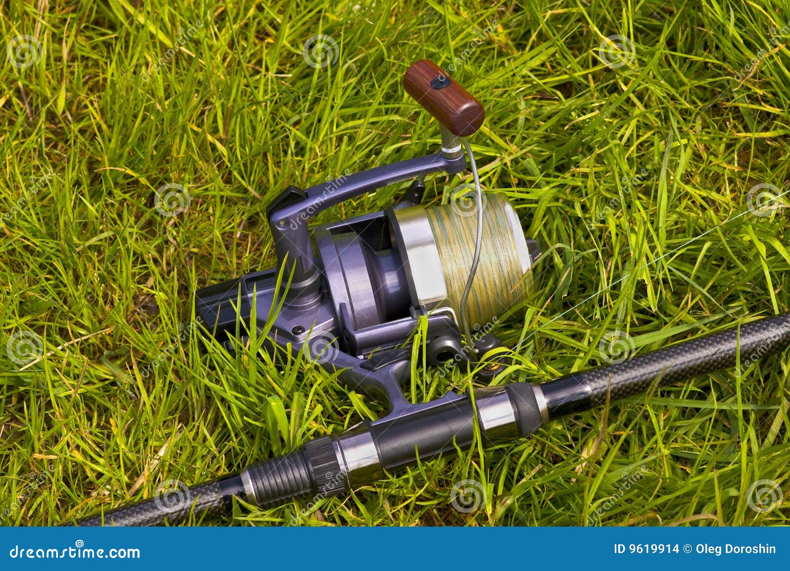 Fishing reel on the grass stock photo. Image of gray, green 9619914