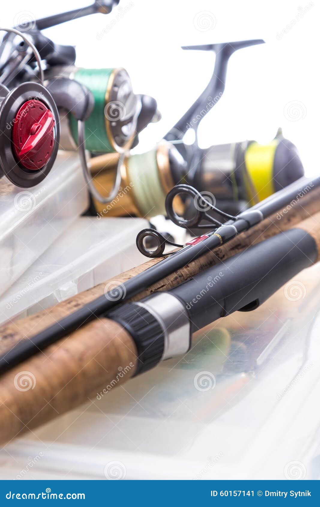 Fishing Reels and Rods on Storage Boxes Stock Image Image of casting