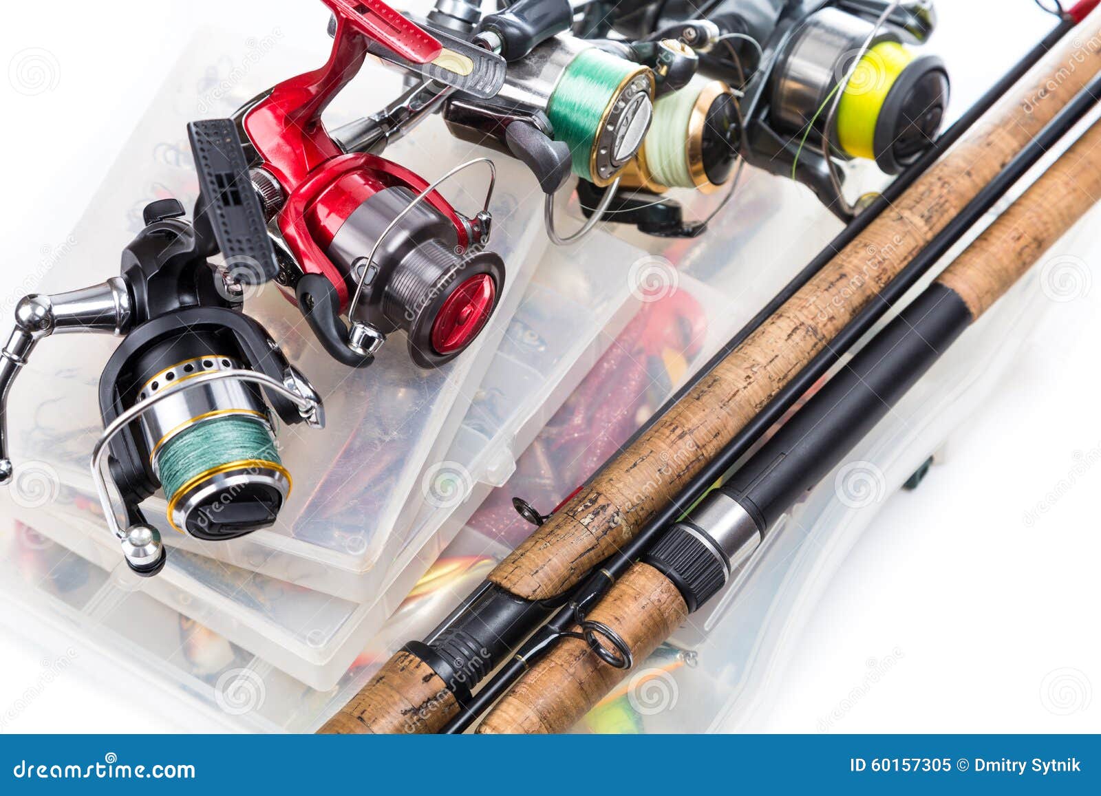 Fishing Reels and Rods on Storage Boxes Stock Image Image of cork, spinning 60157305