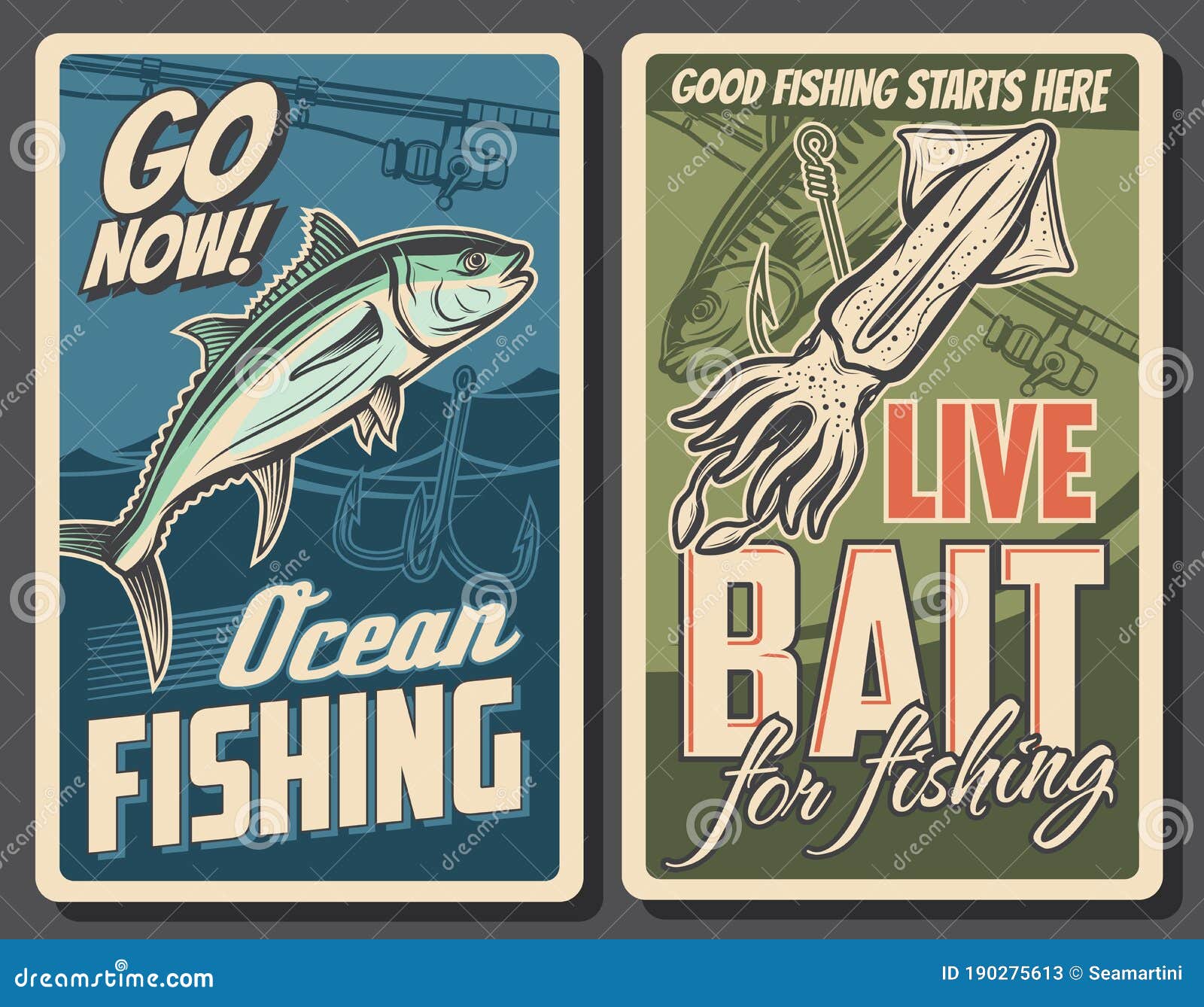 Fishing Retro Posters, Tuna Fish and Squid Catch Stock Vector