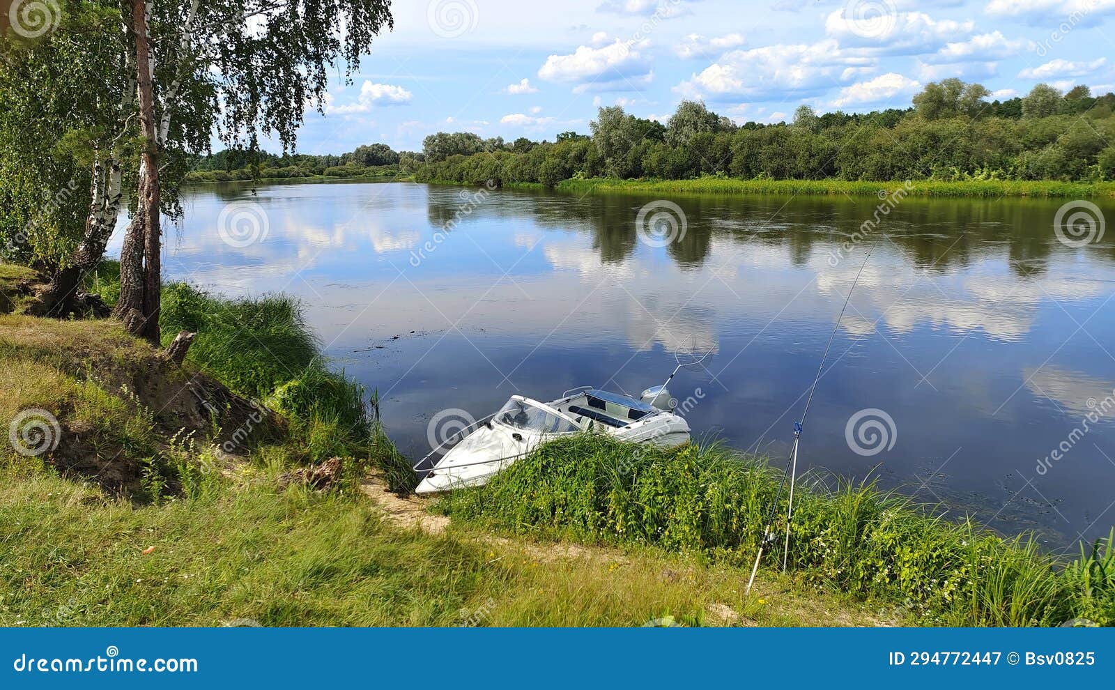 Fishing on the River in Summer. a Plastic Motorboat is Moored To the Sandy  Shore. Nearby a Feeder Rod for Bream Fishing is Set Up Stock Image - Image  of forest, coastline