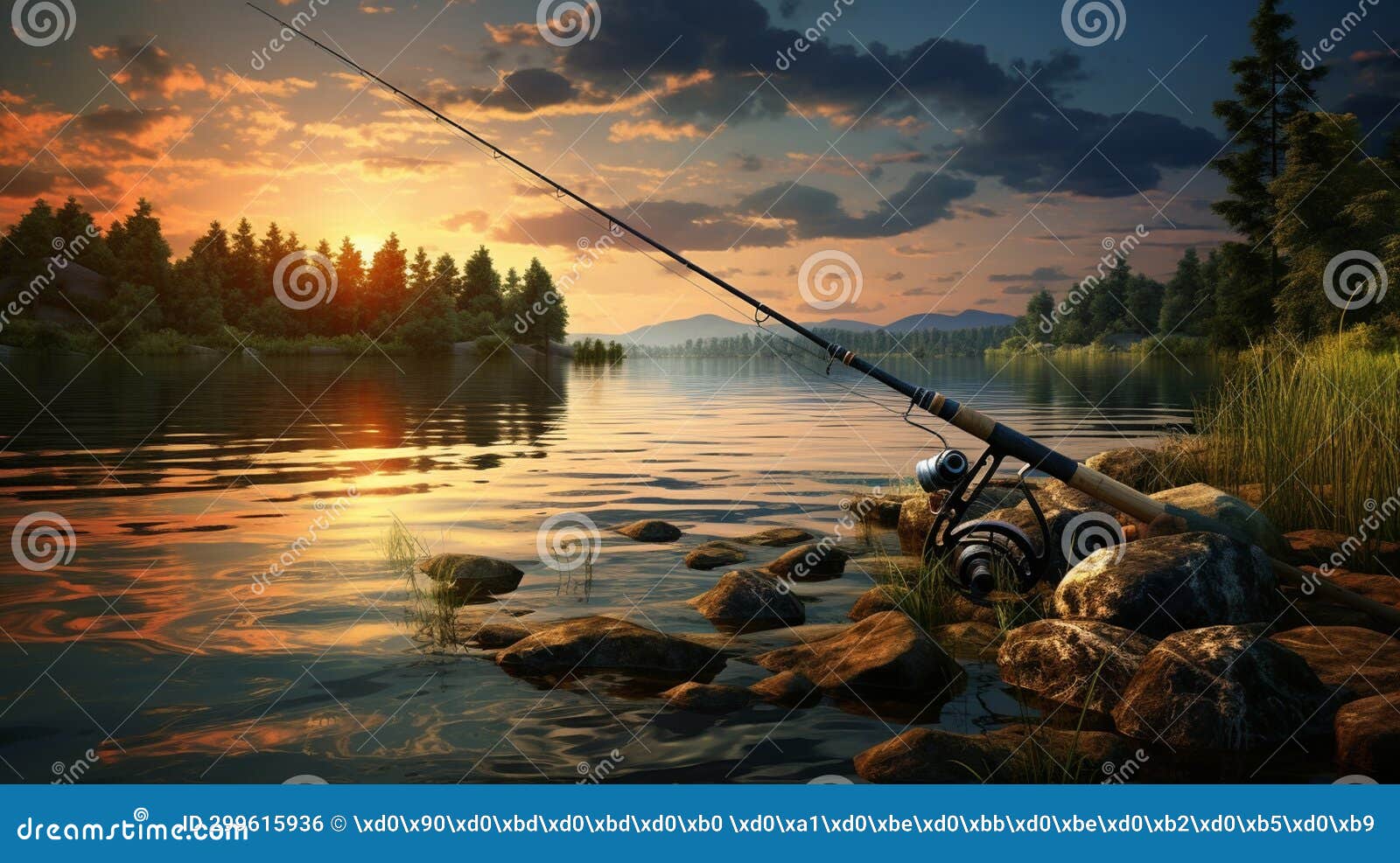 Fishing Rod on the Background of the Lake, Fishing Tackle. Generative