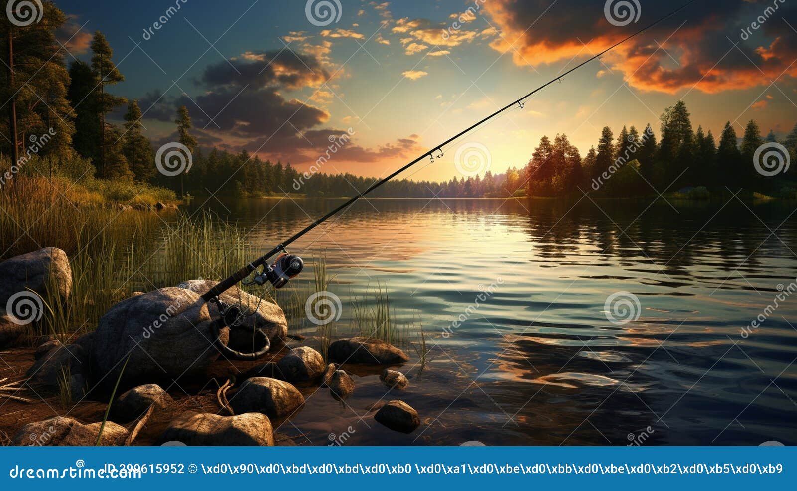 Fishing Rod on the Background of the Lake, Fishing Tackle. Generative AI  Stock Illustration - Illustration of leisure, metal: 299615952