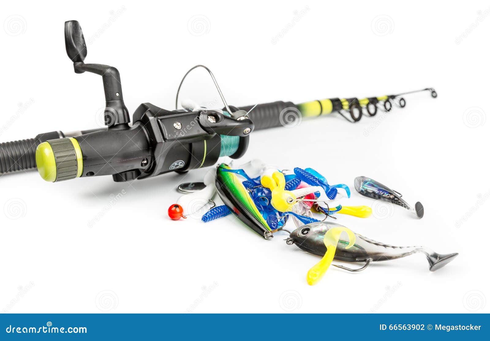 Fishing rod and baits set stock photo. Image of leisure 66563902