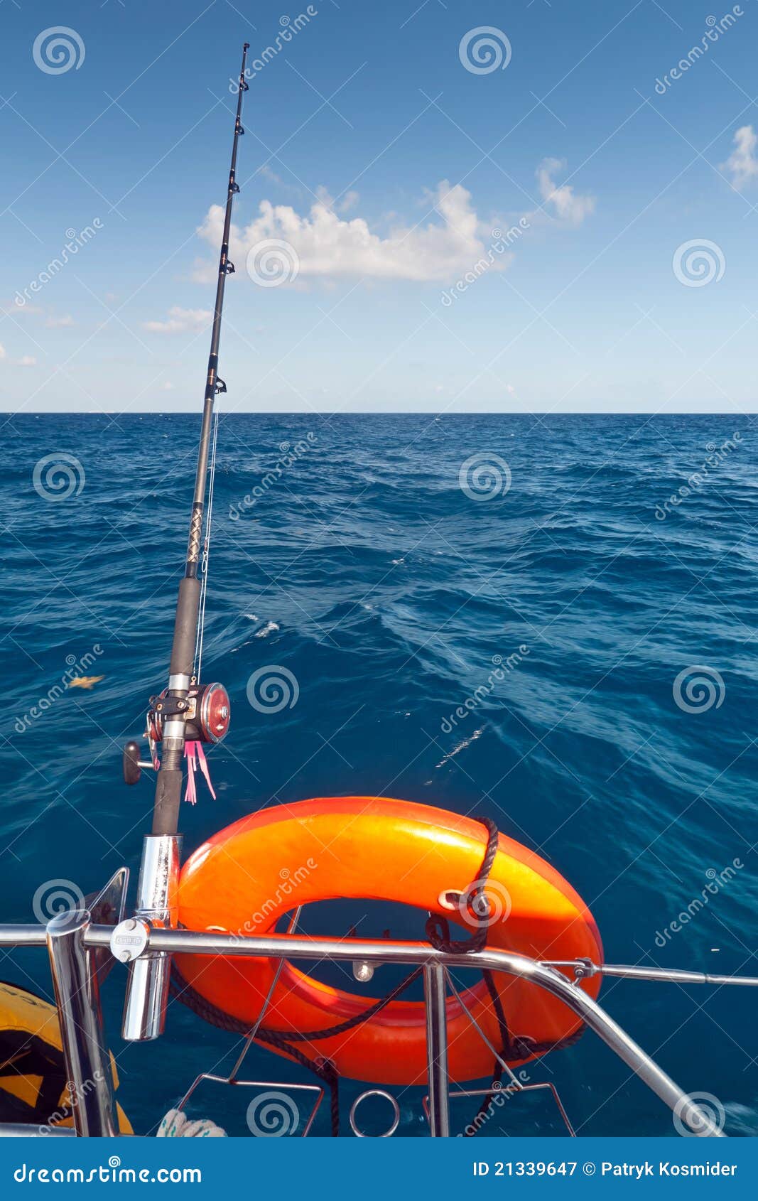 Fishing rod on the boat stock image. Image of lifebelt 21339647