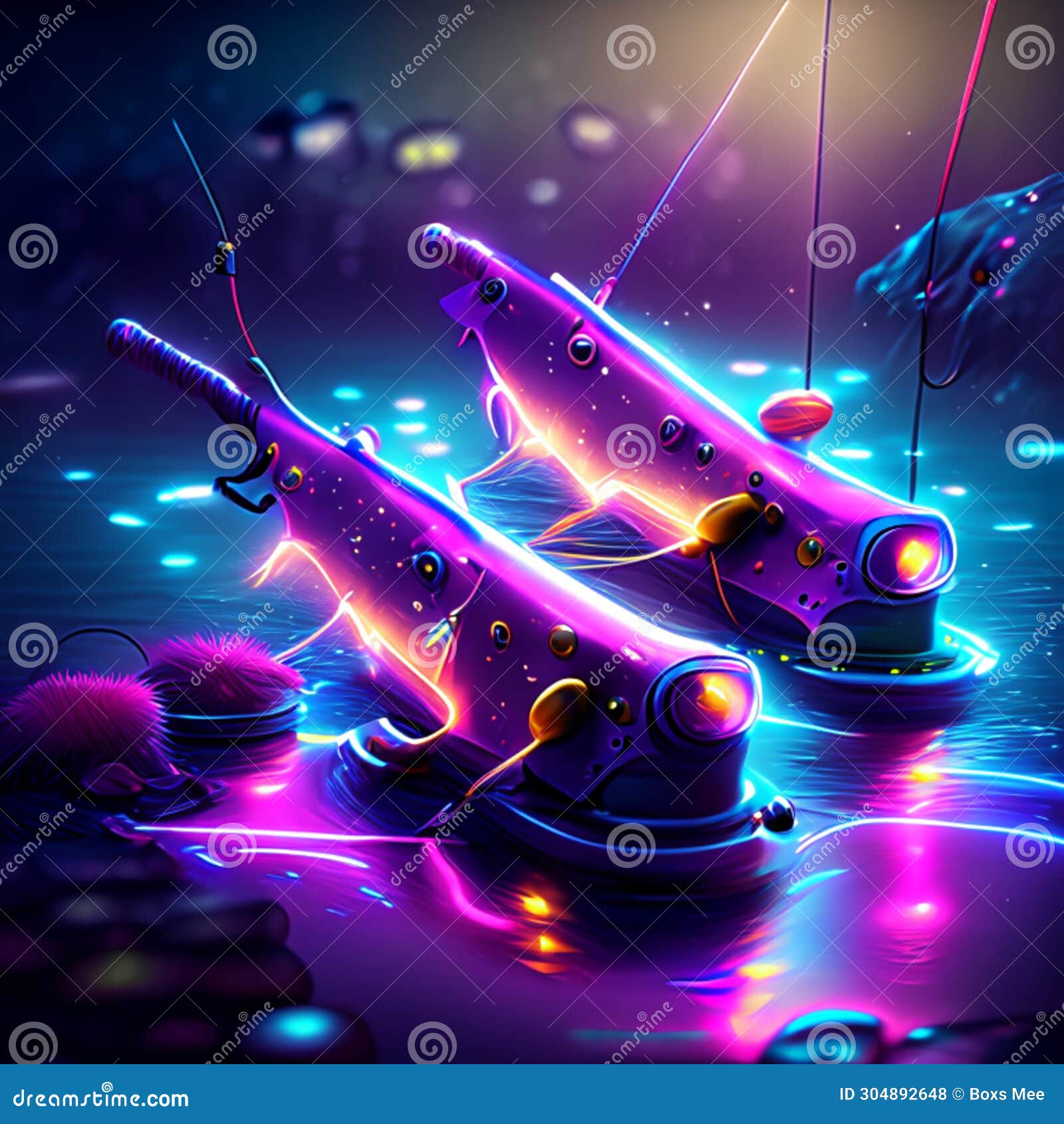 Fishing Rod on Fishing Reel in Neon Light. 3d Illustration Generative AI  Stock Illustration - Illustration of leisure, neon: 304892648