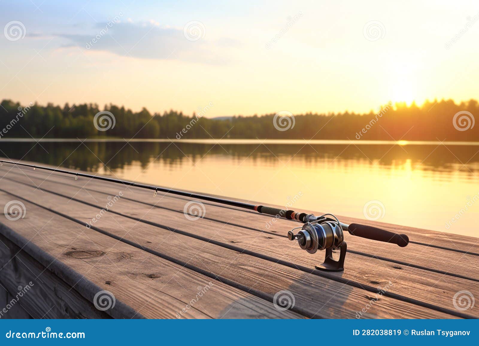 Fishing in the River on a Wooden Pier. Fishing Rod with a Holder