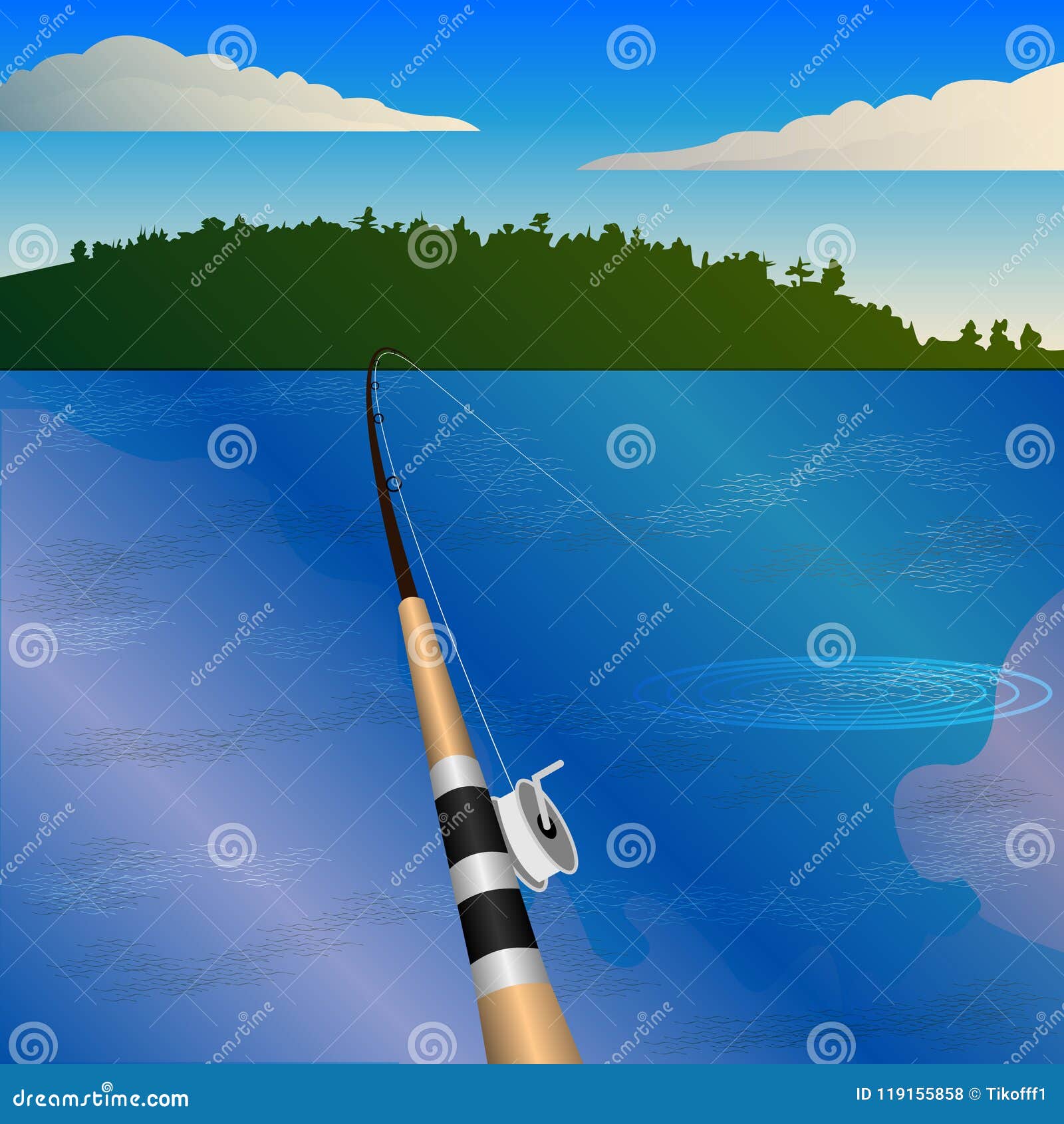 Fishing Rod with a Reel, Bite. Fishing, First-person View, Pond