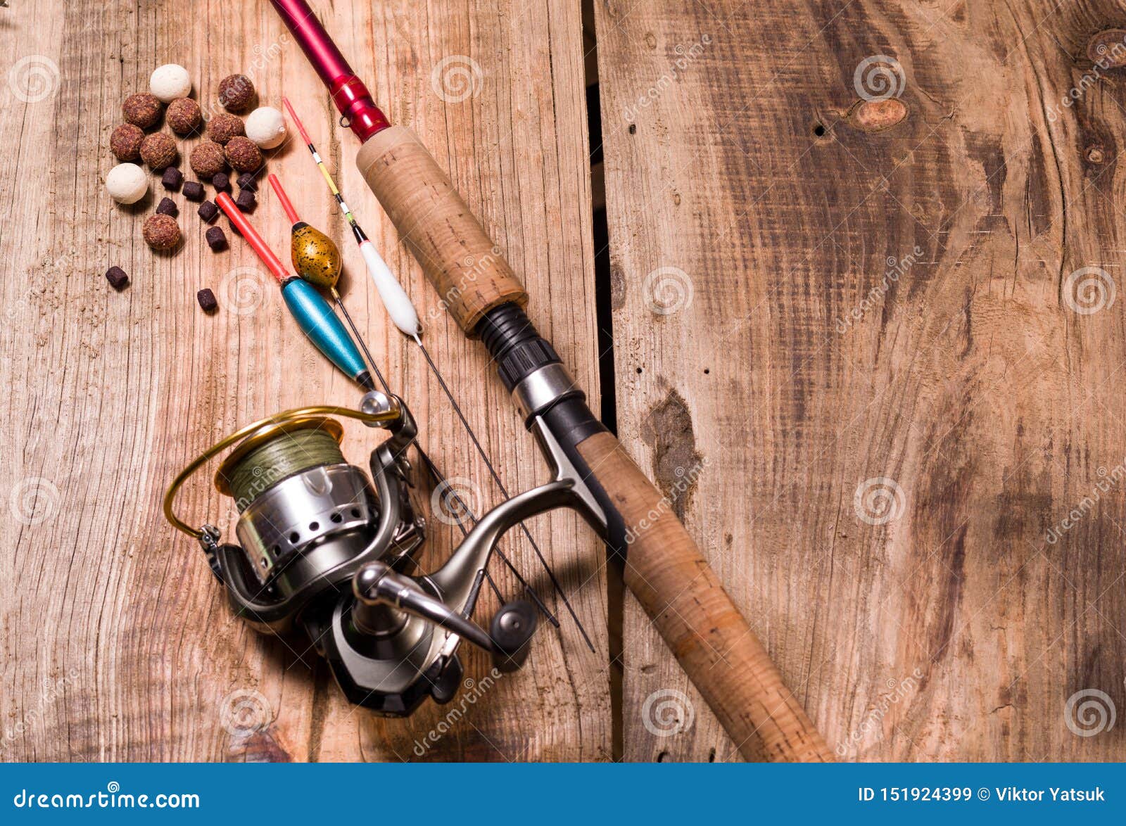 Fishing Rod with Reel and Fishing Line. Fishing Floats and Baits