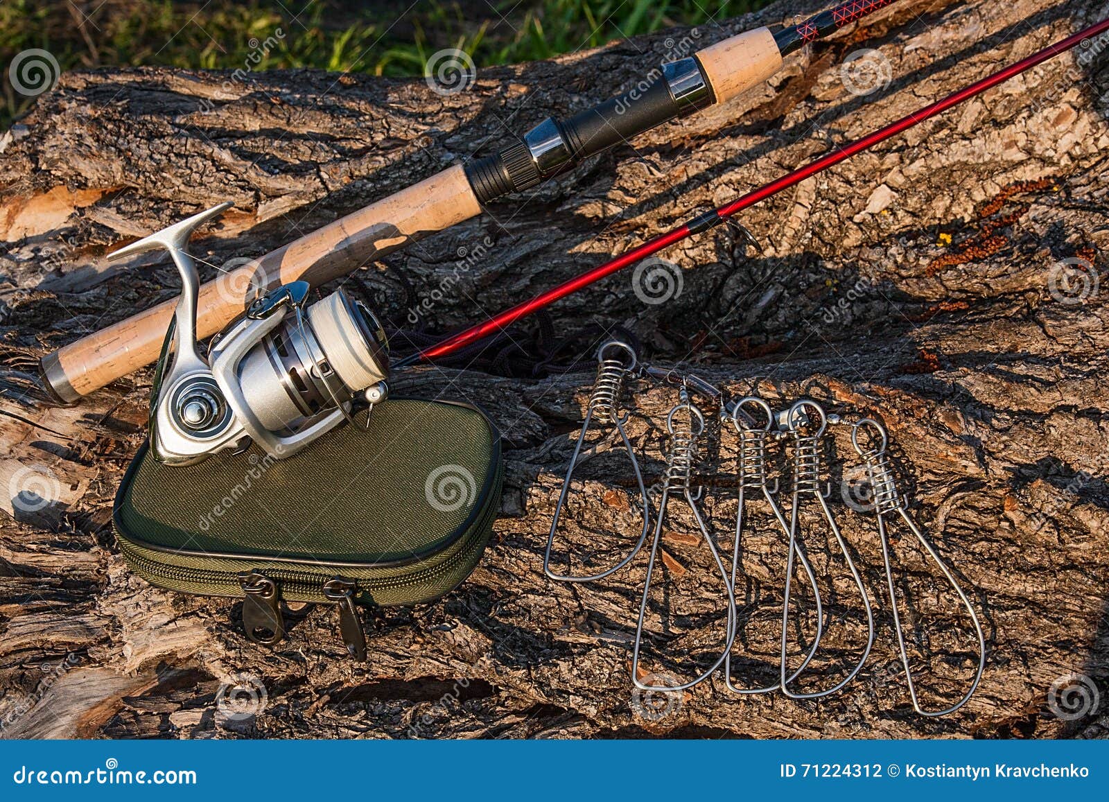 Fishing Rod and Reel on the Natural Background. Fish Stringer an