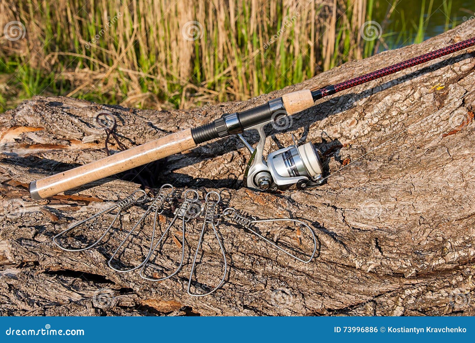 Fishing Rod and Reel on the Natural Background. Fish Stringer