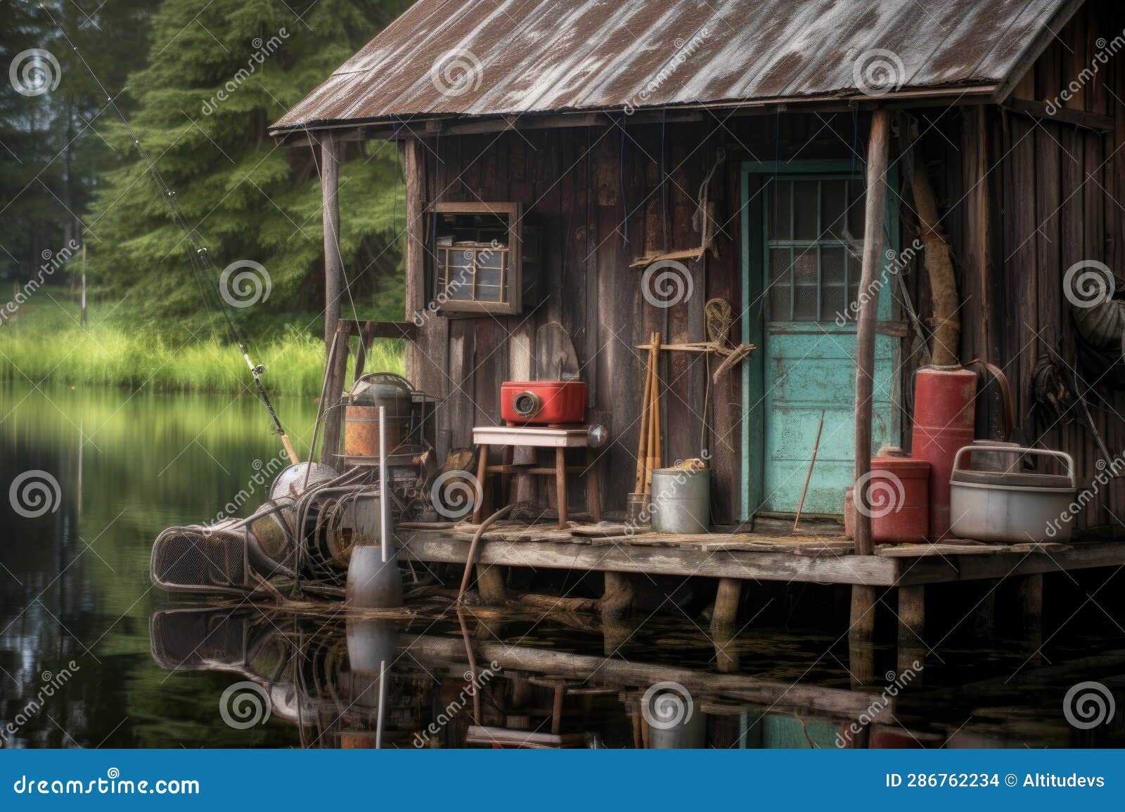 Fishing Rod and Reel beside a Rustic Wooden Cabin Stock Photo