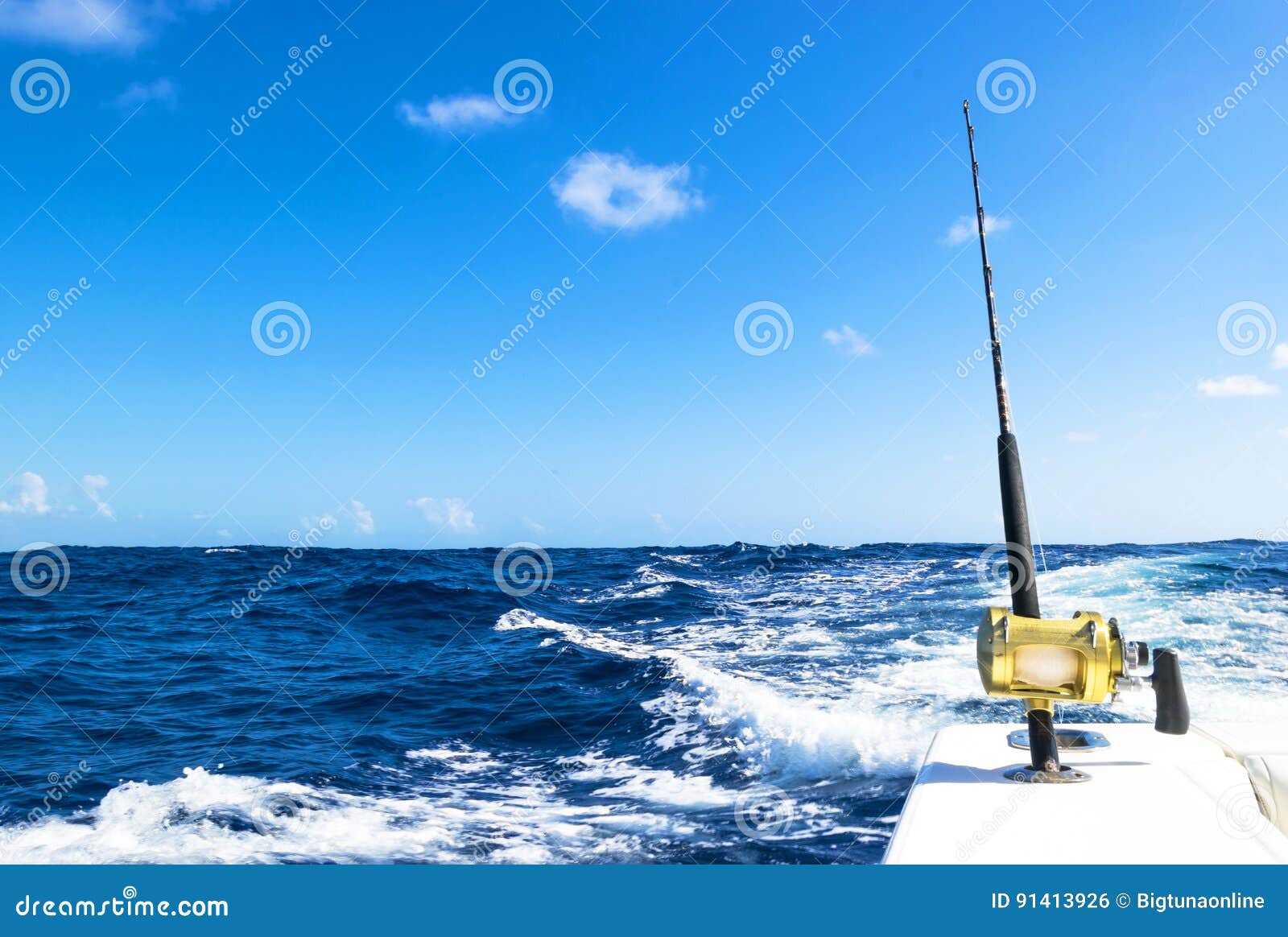 Fishing Rod in a Saltwater Boat during Fishery Day in Blue Ocean Stock  Photo - Image of shipping, boat: 91413926