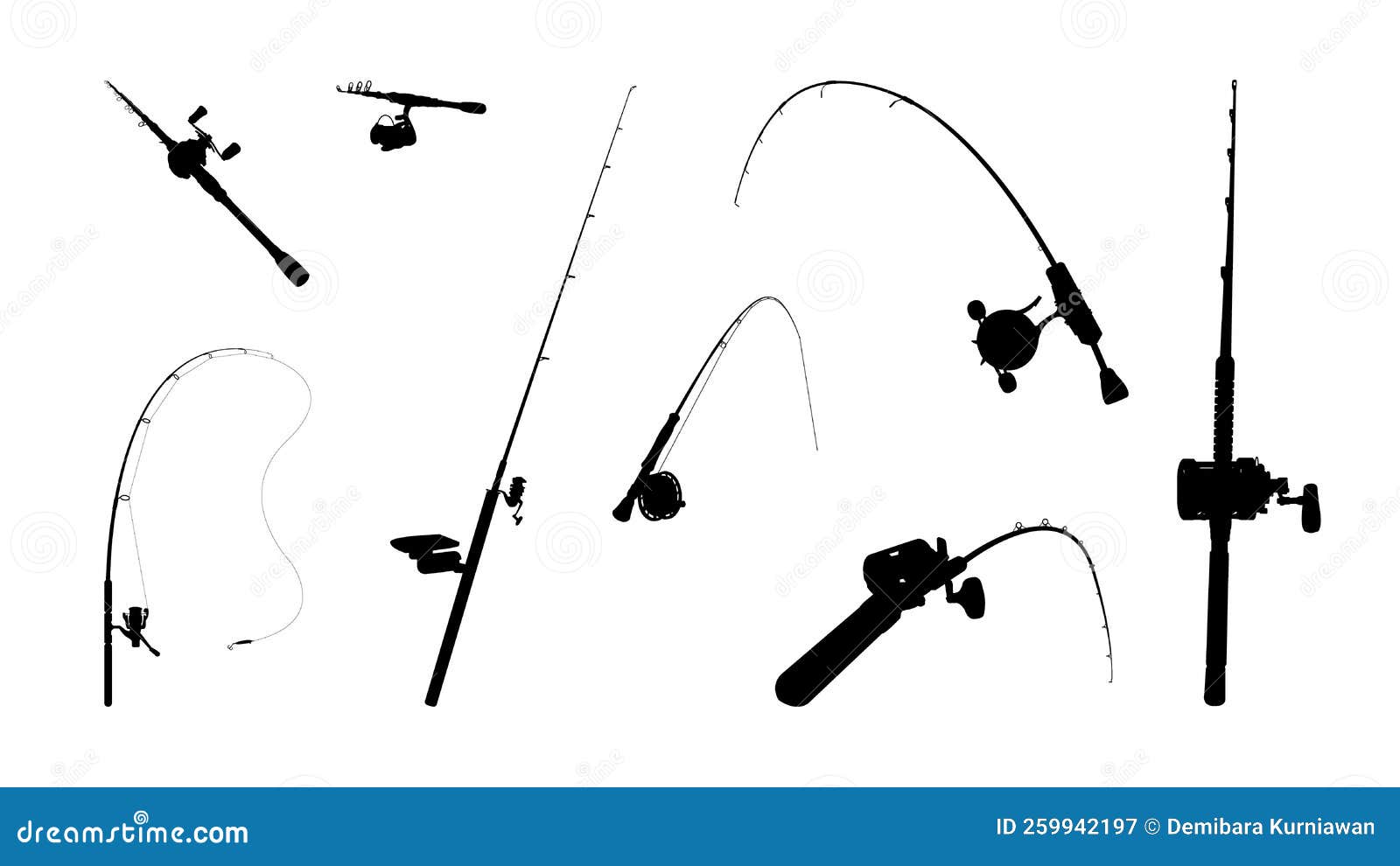 Fishing Rod Silhouettes in Various Types Stock Vector