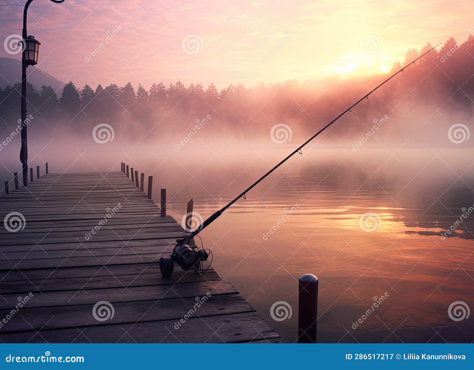 Fishing Rod, Spinning Reel on the Background Pier River Bank. Sunrise. Fog  Against the Backdrop of Lake Stock Illustration - Illustration of bait, pier:  286517217