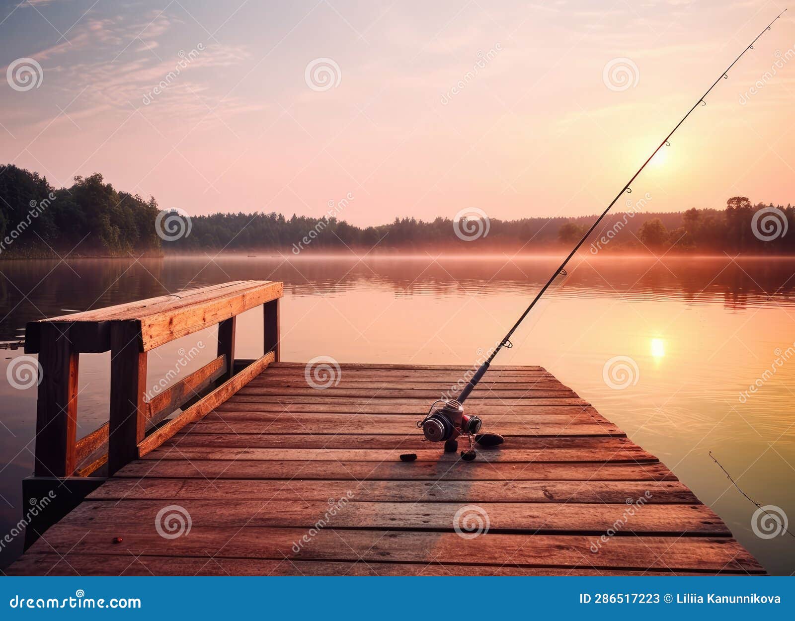 Fishing Rod, Spinning Reel on the Background Pier River Bank. Sunrise. Fog  Against the Backdrop of Lake Stock Illustration - Illustration of wooden,  lure: 286517223