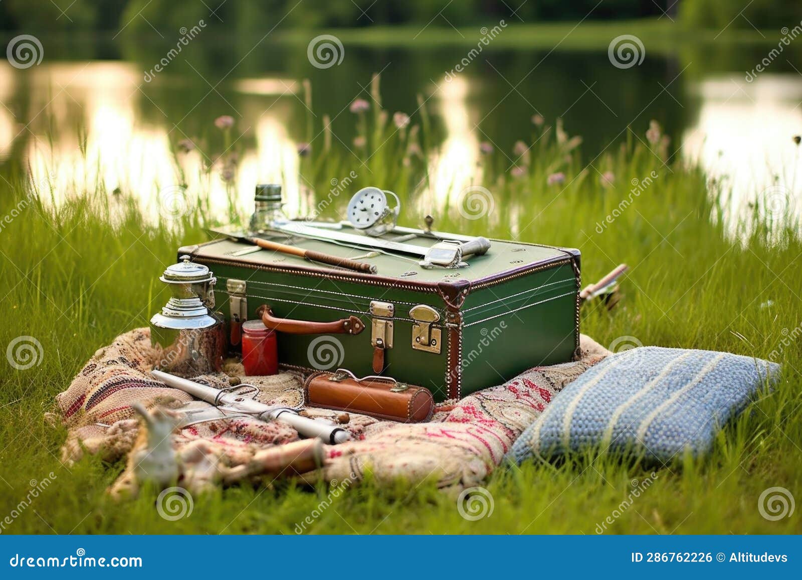 Fishing Rod and Tackle Box on a Grassy Lakeside Picnic Blanket Stock Photo  - Image of picnic, recreation: 286762226