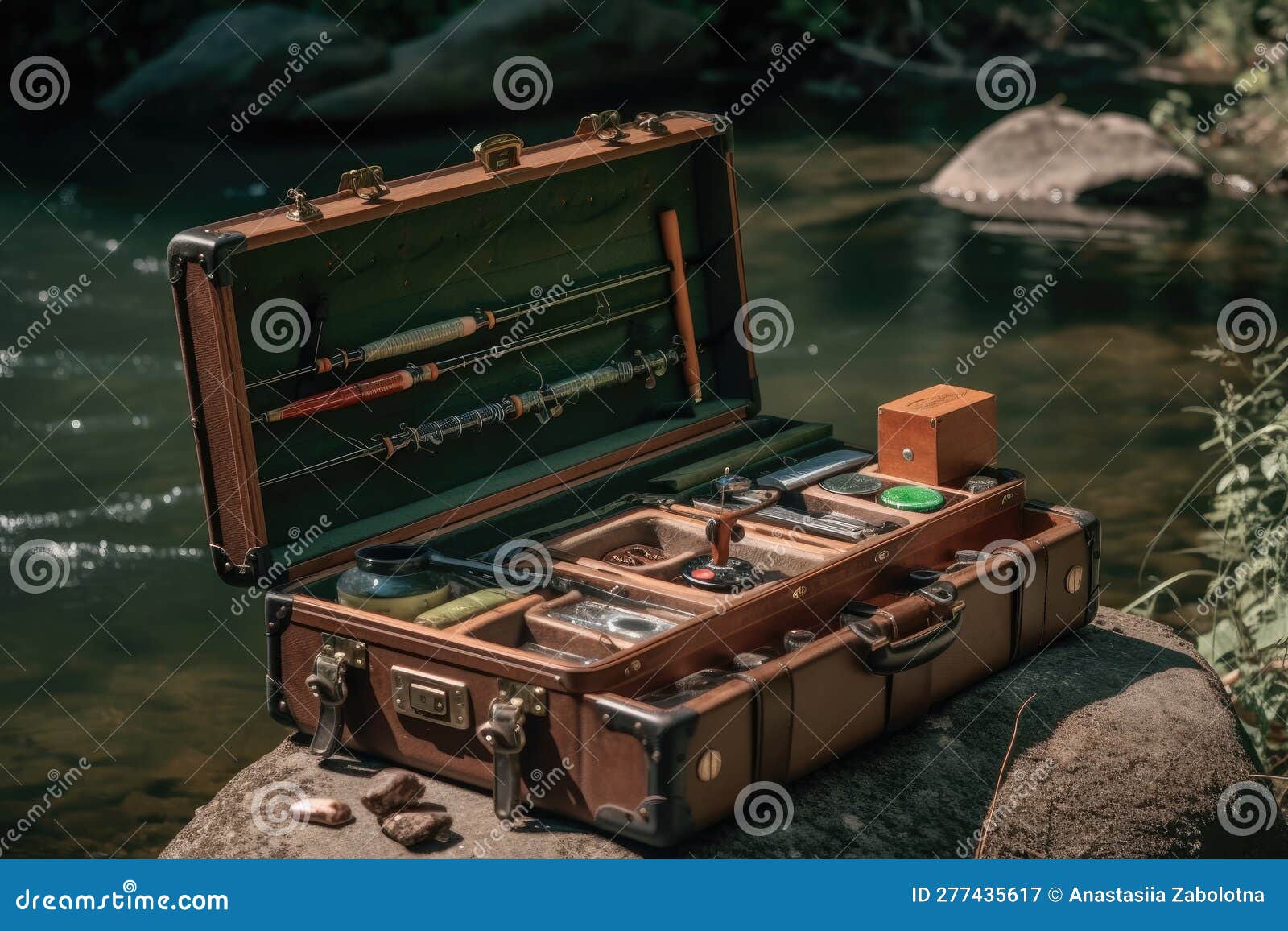 A Fishing Rod and Tackle Box by a River. Generative AI Stock Illustration Illustration of