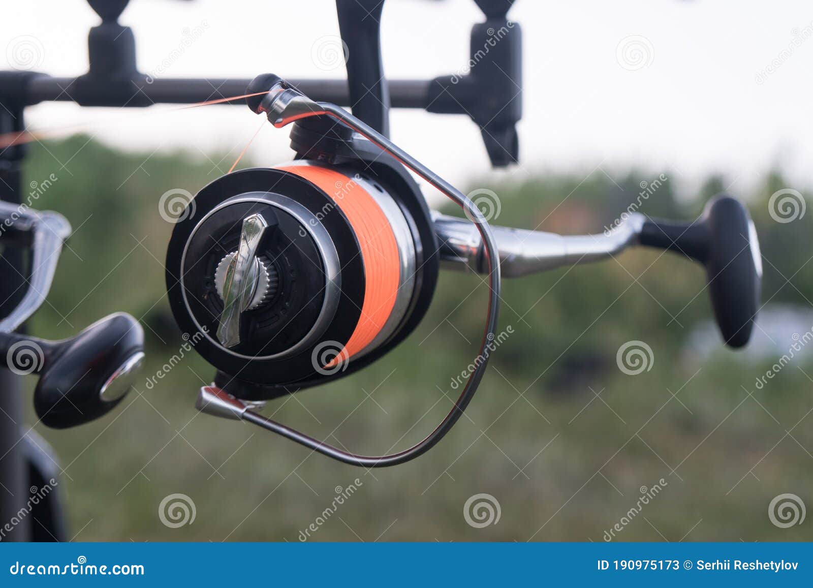 Fishing Rods Closeup. Carp Reels on a Stand in a Pond Stock Image