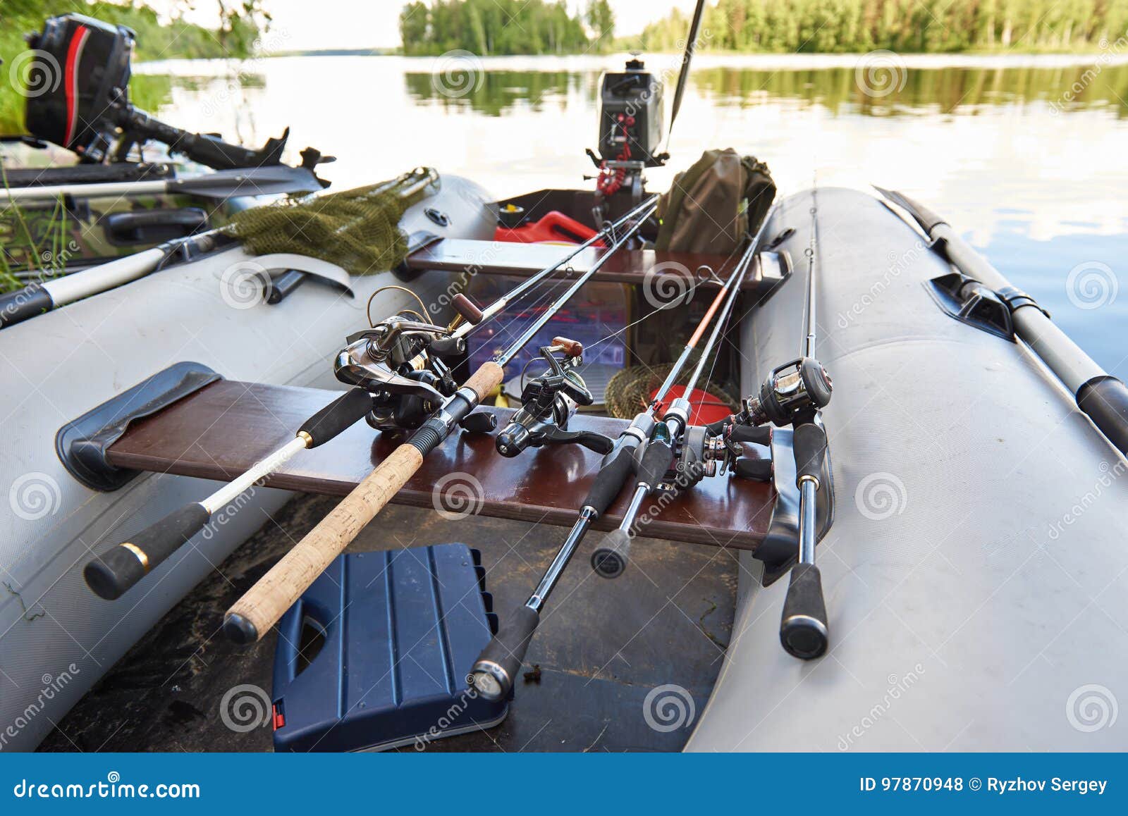 Fishing Rods with Spinning Reels in Boat Stock Photo Image of river