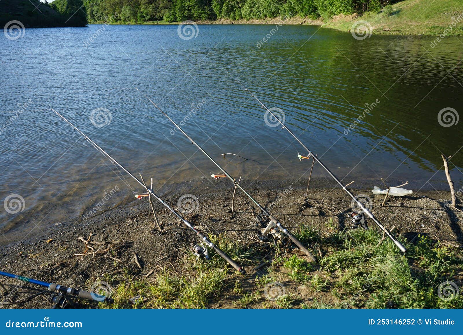 Fishing Rods and Fishing Tackle on the River Bank. Beautiful Nature Stock  Photo - Image of fishing, activity: 253146252