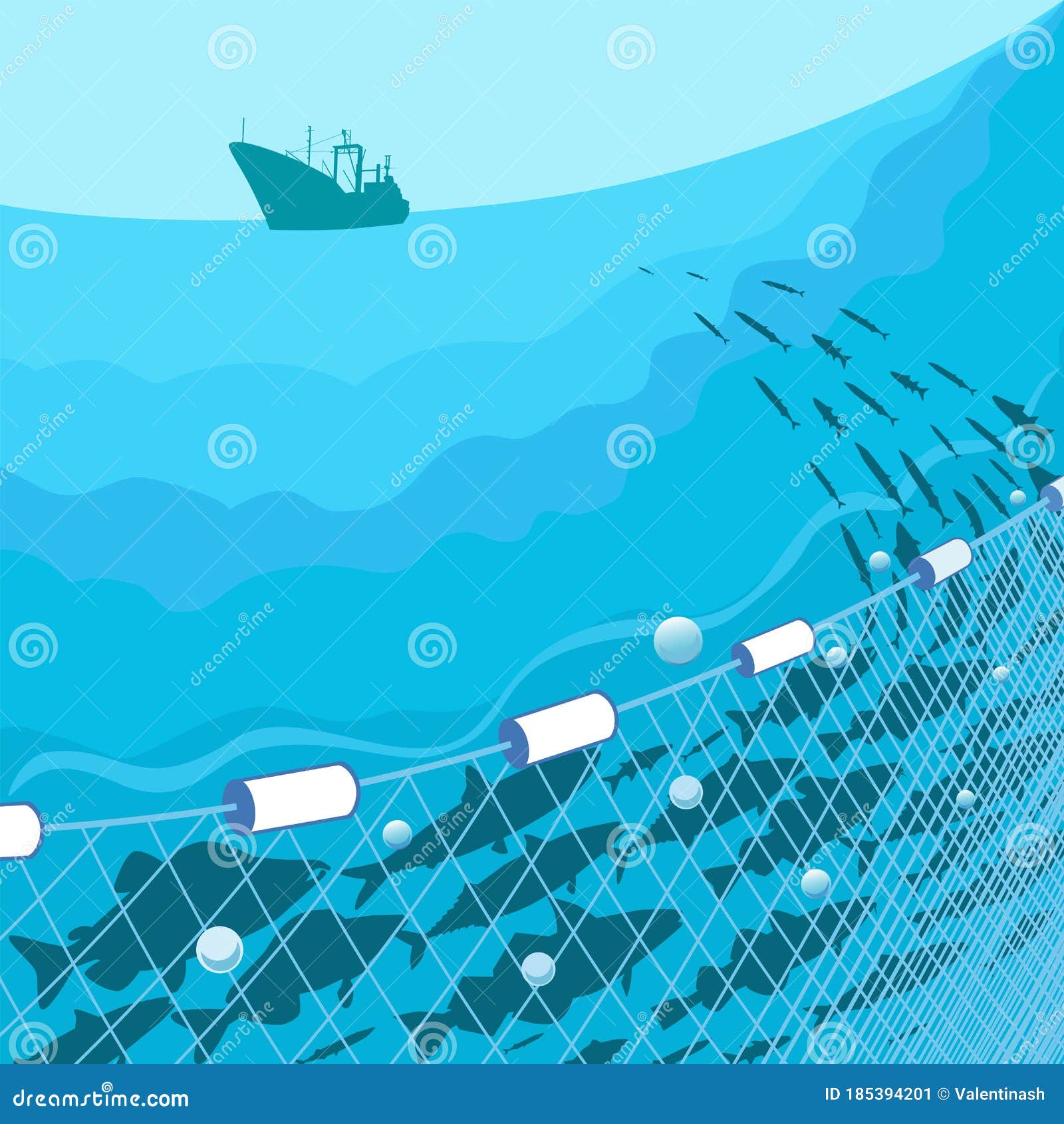 Commercial Fish, Fishing Nets and Fishing Vessel Stock Vector