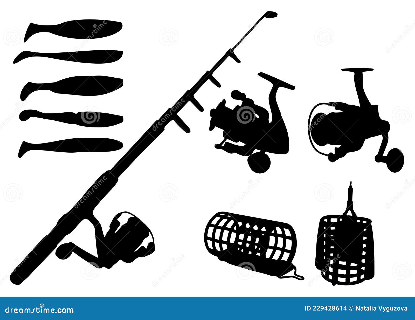 Fishing Set. Reel and Rod, Feeder and Bait for Fish Stock Vector