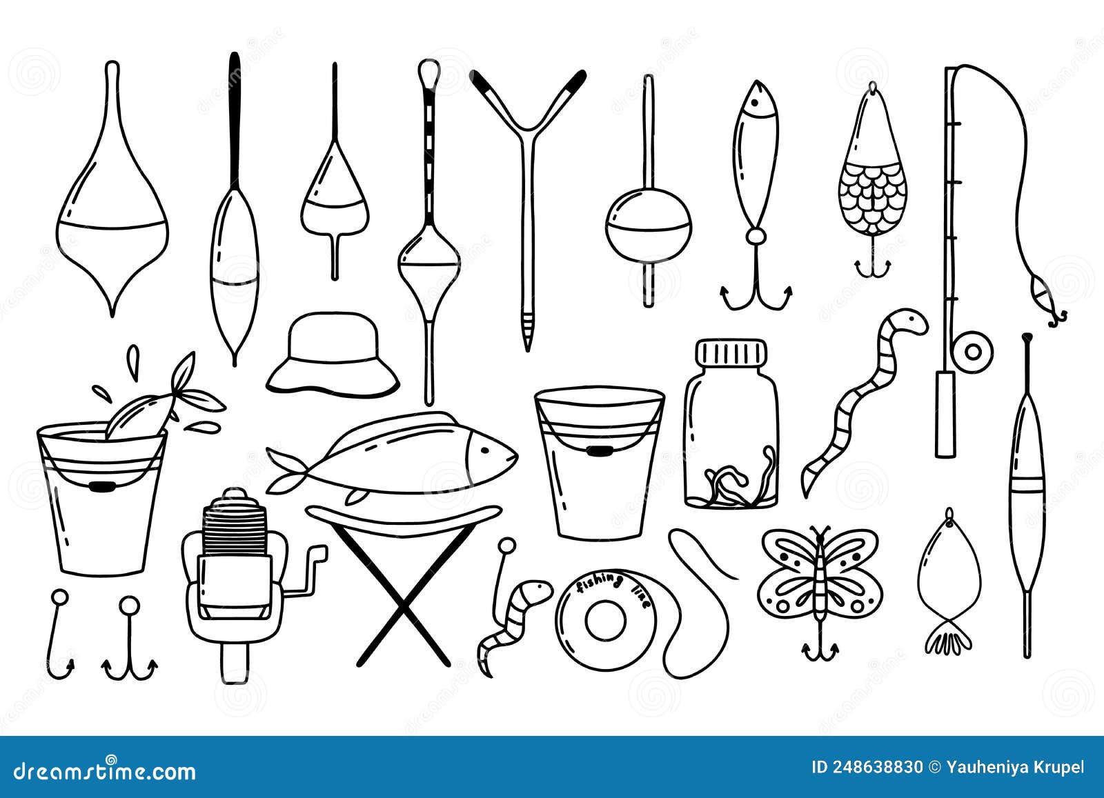 Fishing Set. a Set of Tools for Fishing. Doodle Style.Fishing Rod, Hook