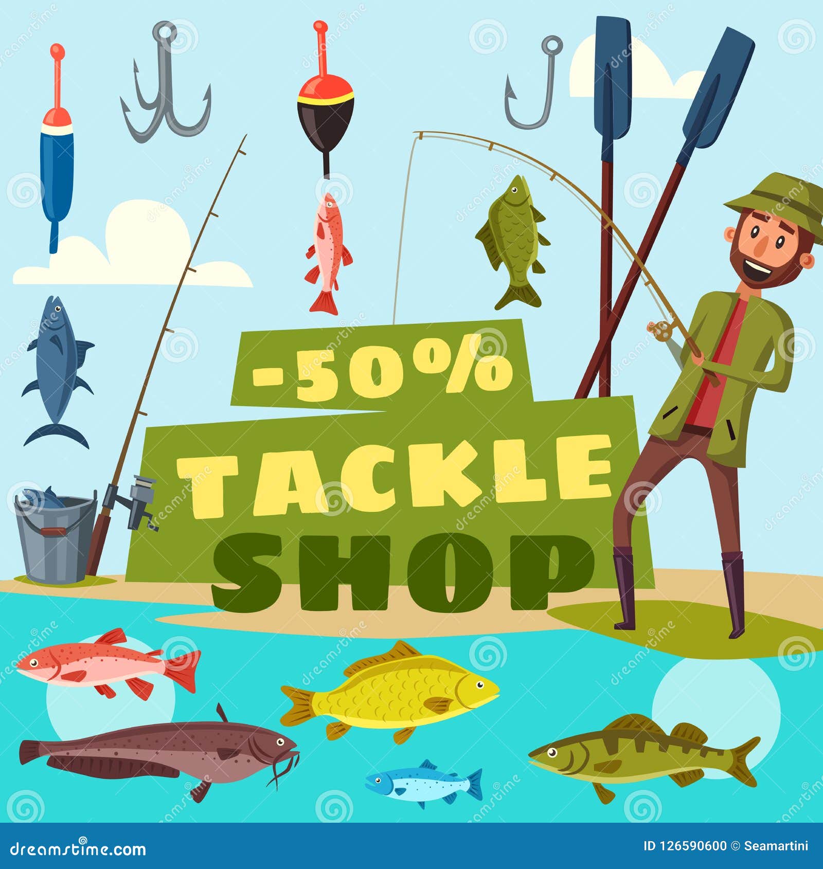 Fishing Shop Tackles Cartoon Vector Stock Vector - Illustration of