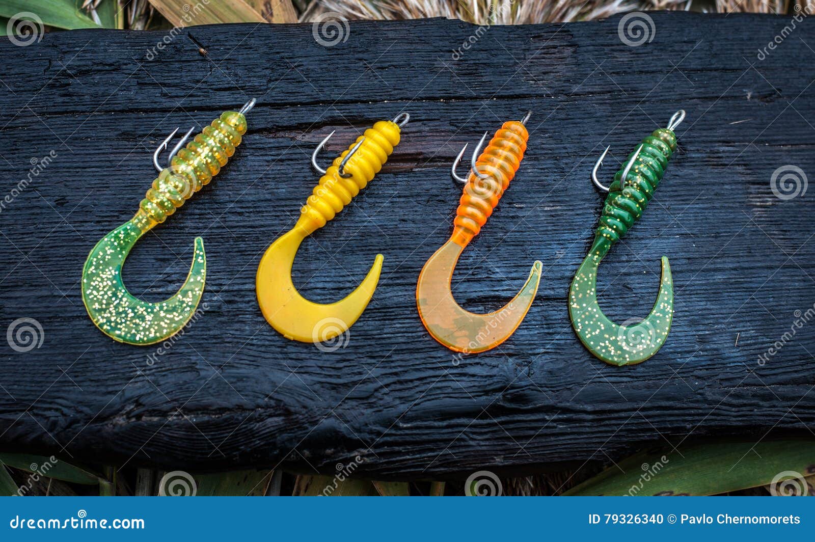 Fishing Softbaits on Wooden Board. Stock Photo - Image of