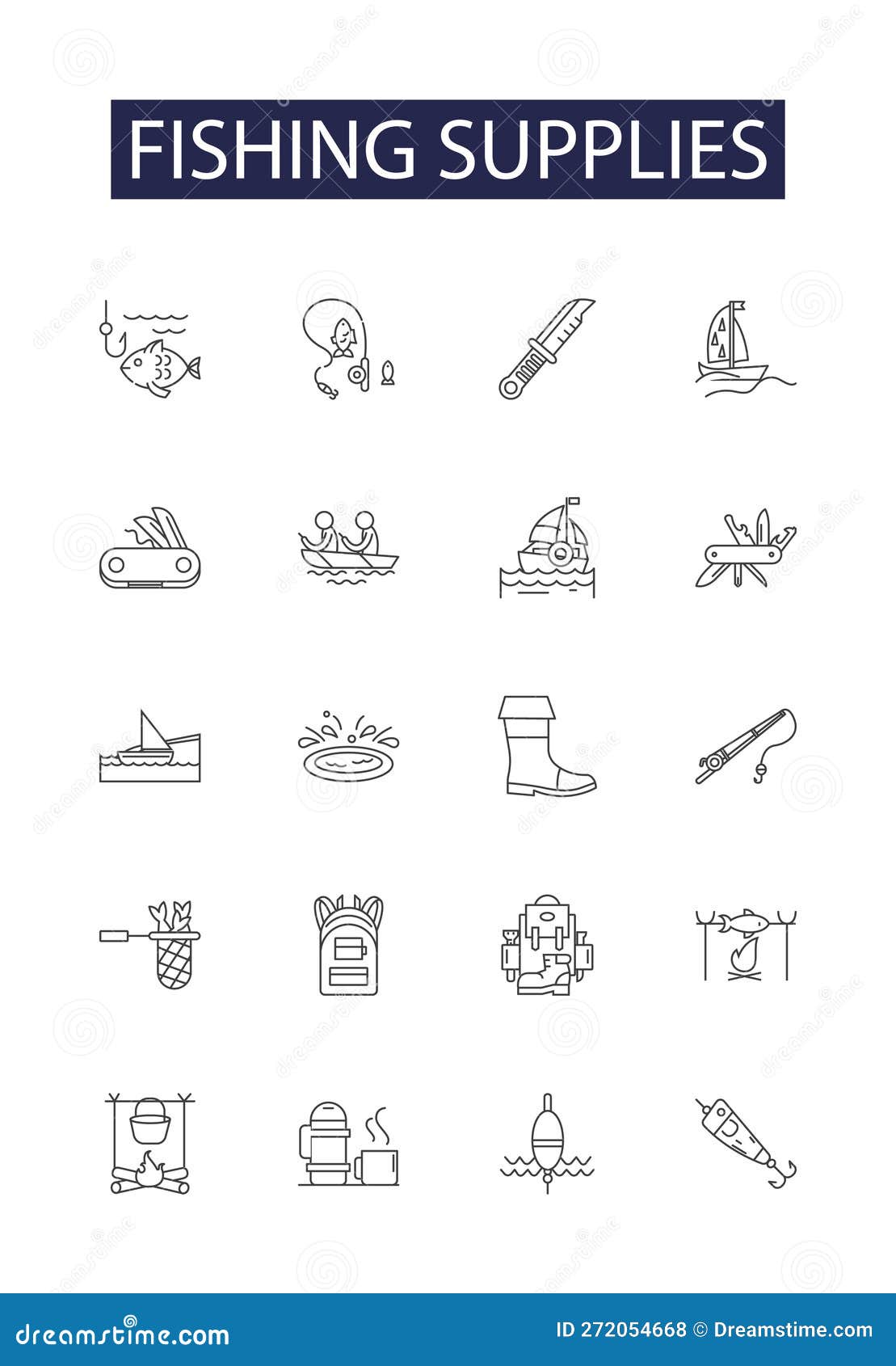 Fishing Supplies Line Vector Icons and Signs. Reels, Lures, Hooks