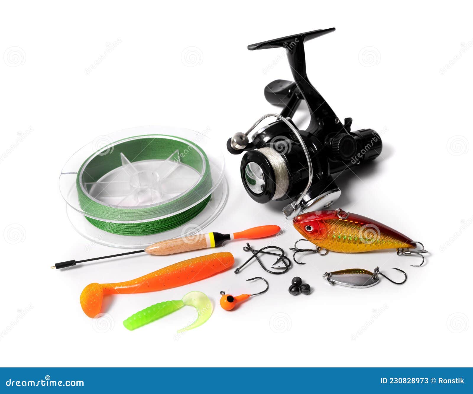 fishing tackle angling equipment  on white