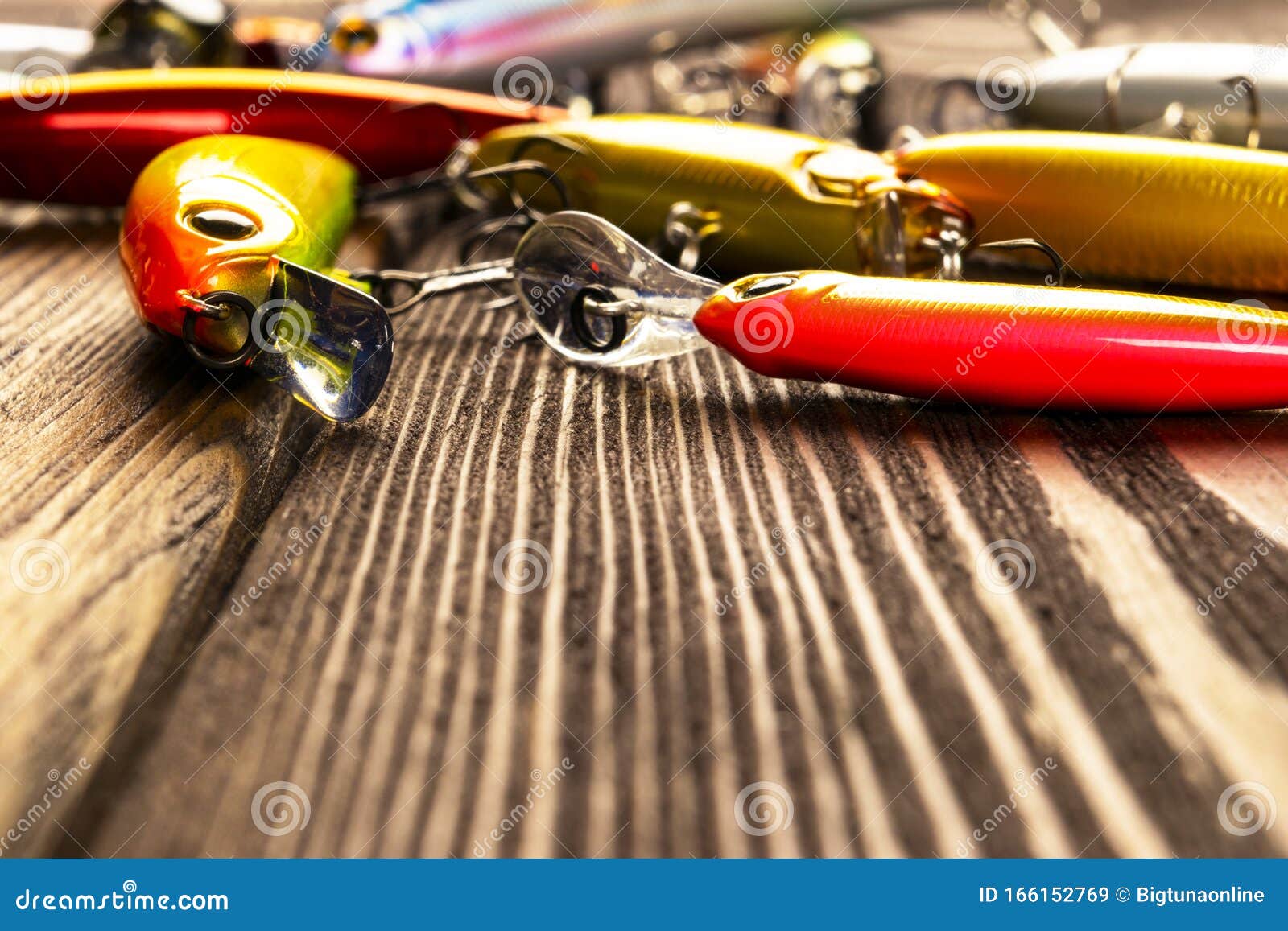 Fishing Tackle Background. Fishing Tackles and Wobbler on Wooden Board.  Fishing Hooks, Lures and Baits Stock Image - Image of fisherman,  artificial: 166152769