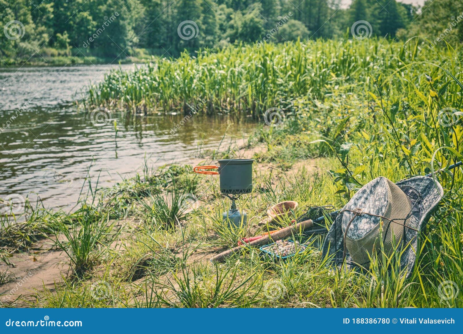 Fishing Tackle and Equipment on the River Bank Stock Photo Image of