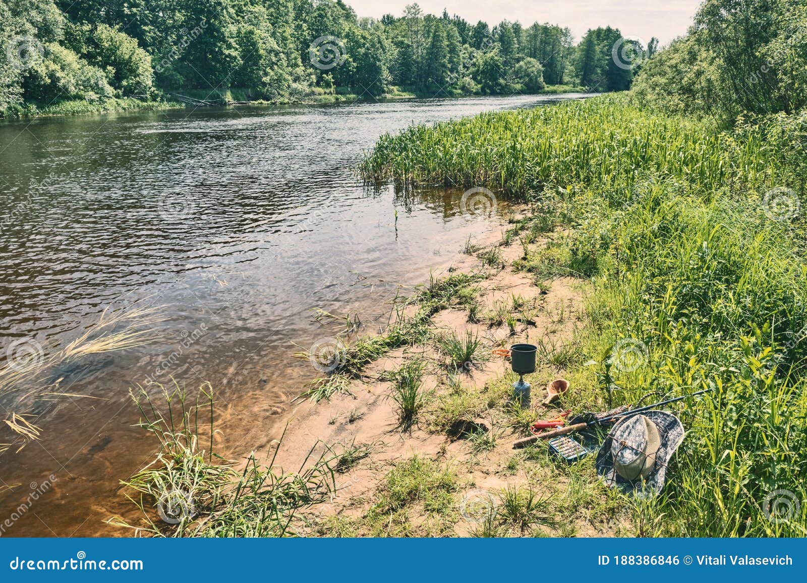 Fishing Tackle and Equipment on the River Bank Stock Photo Image of