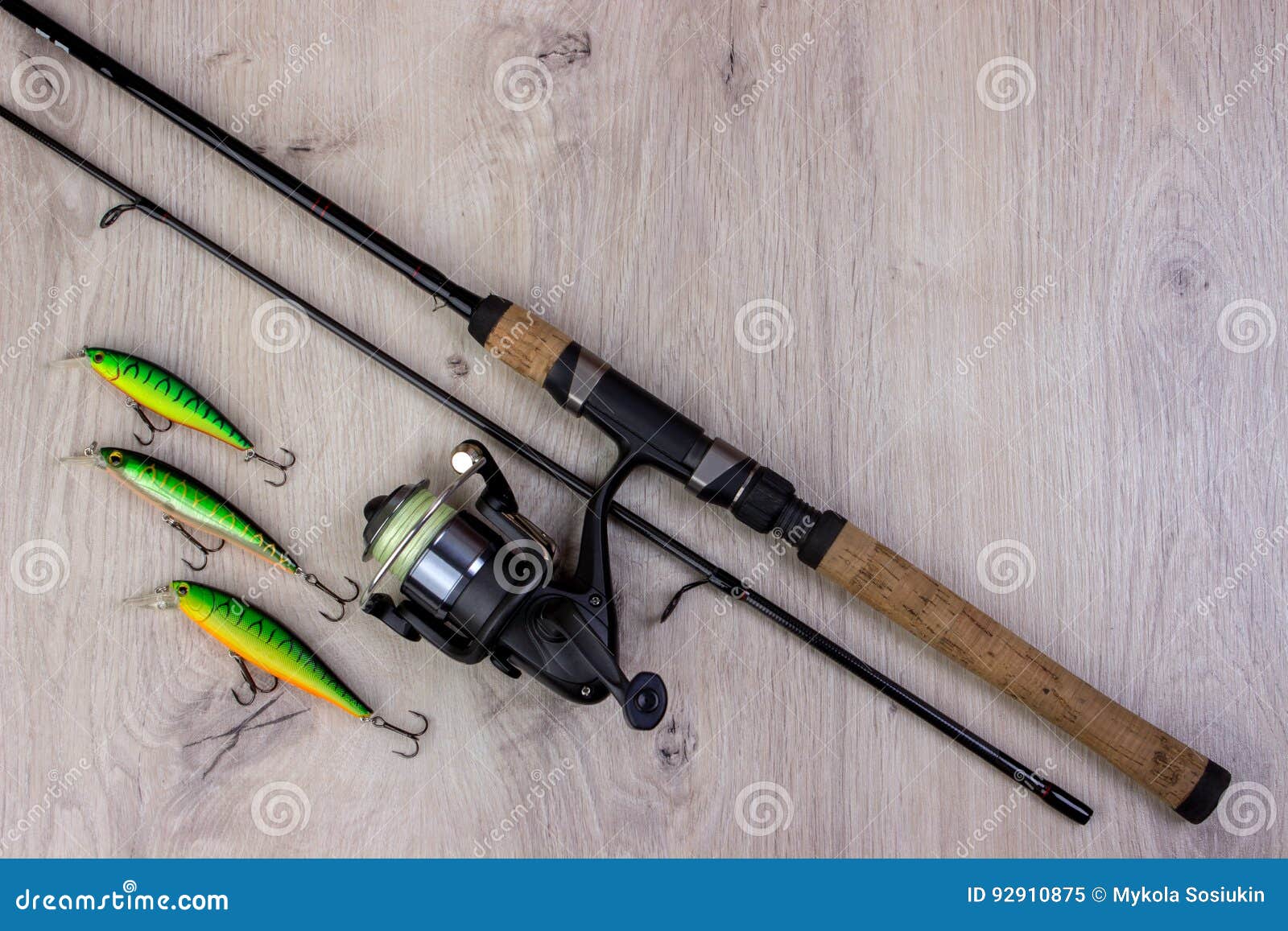 Fishing Tackle - Fishing Spinning, Hooks and Lures on Light Wooden  Background. Stock Image - Image of equipment, activity: 92910875