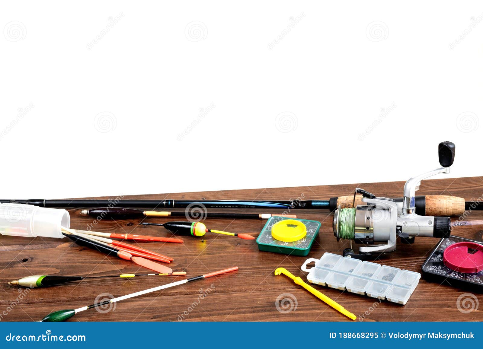 Fishing Tackle - Fishing Rod Fishing Float and Accessories on Wooden  Background, Copy Space Stock Image - Image of accessories, hook: 188668295