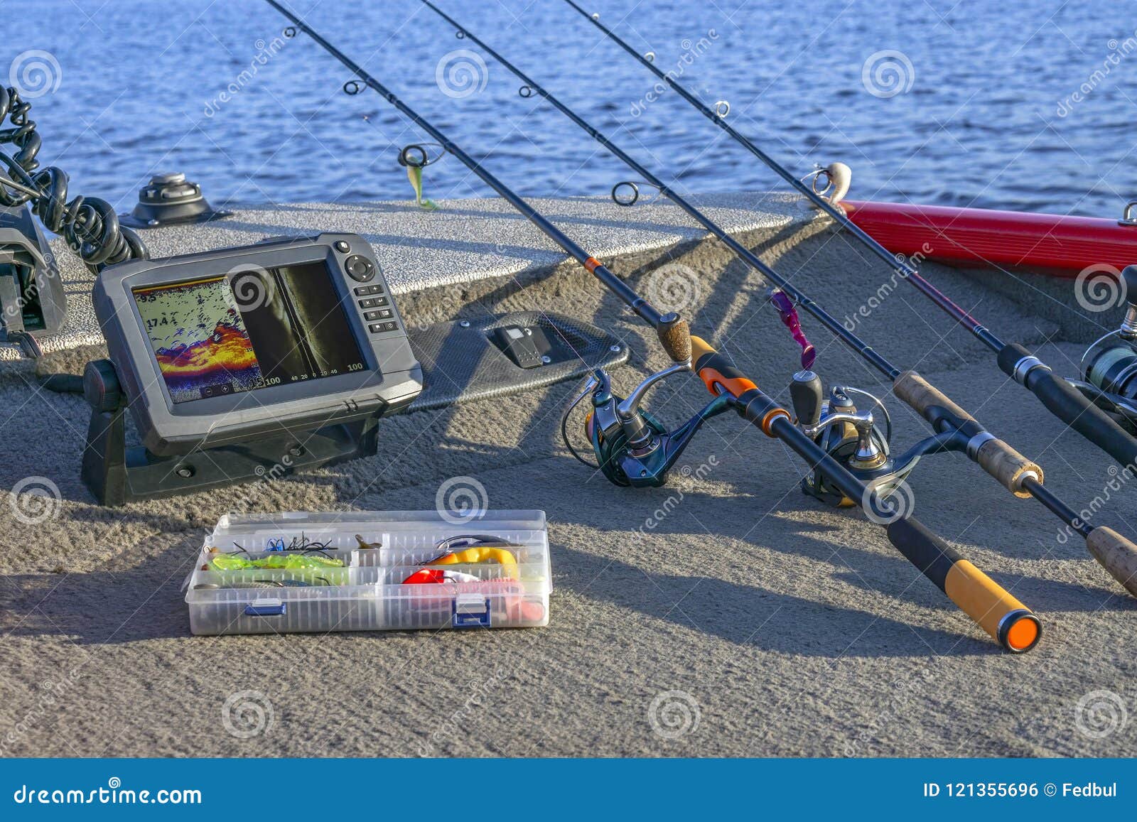 Fishing Tackle Set and Fishfinder, Echolot, Sonar at the Boat Stock Photo -  Image of finder, lures: 121355696
