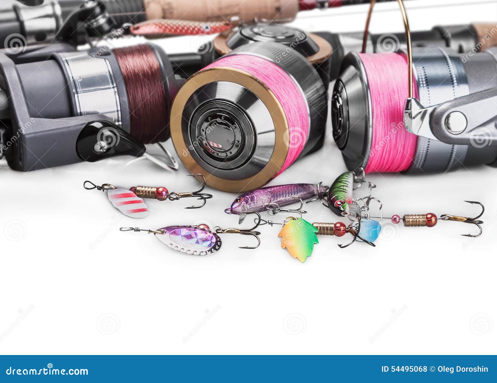 https://thumbs.dreamstime.com/z/fishing-tackle-spinning-isolated-whit-white-background-focus-reel-pink-braided-line-lures-convent-54495068.jpg