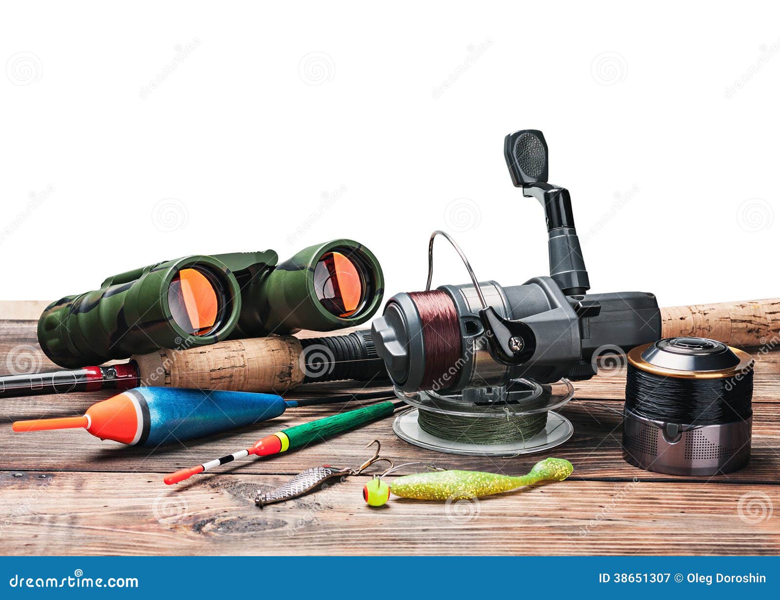 Fishing Tackle On The Table Isolated Stock Image Image of spool