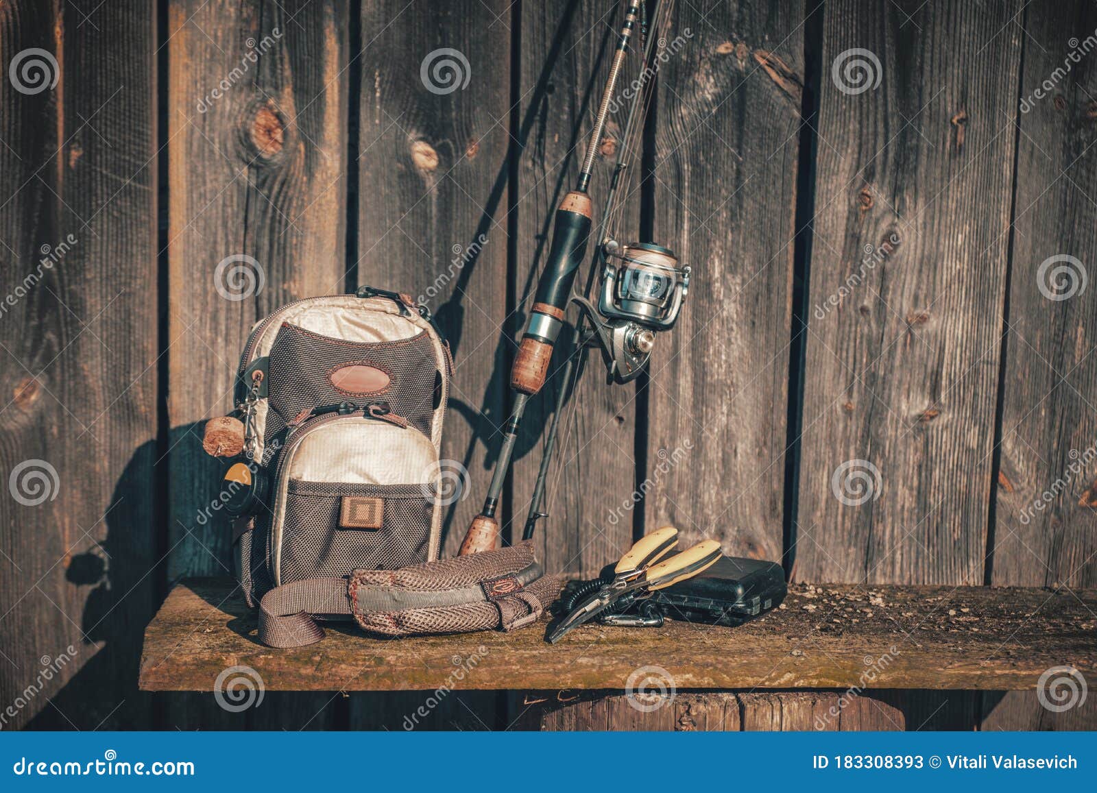 Fishing Tackle on a Wooden Wall Background Stock Image Image of