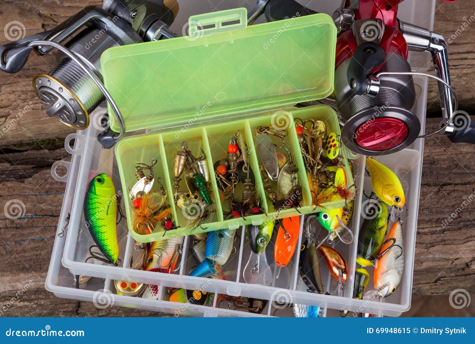 Fishing Tackles and Fishing Baits in Box Stock Image - Image of metal,  background: 69948615