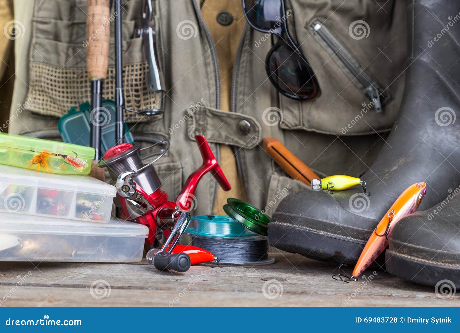 Fishing Tackles with Fishing Vest and Boots Stock Photo - Image of bait ...