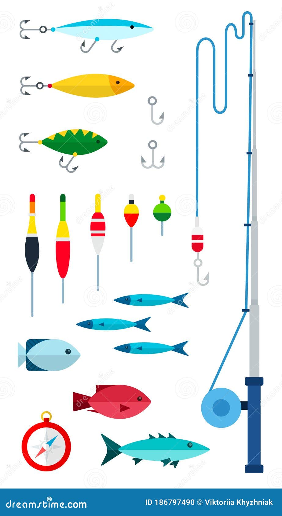 Fishing Tools for the Fisherman. Vector Flat Icons. Fishing As a Hobby  Stock Vector - Illustration of compass, angling: 186797490