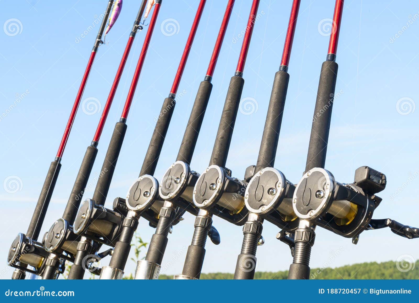 Fishing Trolling Boat Rods in Rod Holder. Big Game Fishing. Fishing Reels  and Rods Pattern on Boat Stock Image - Image of recreation, outdoors:  188720457