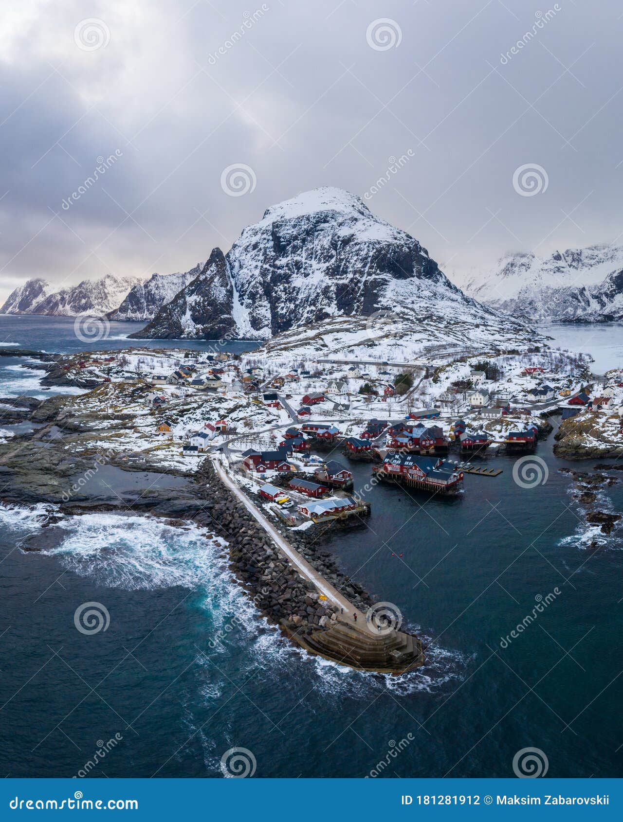 fishing village a, rorbu, sea and mountains in winter. moskenes, lofoten islands. landscape of norway. aerial view