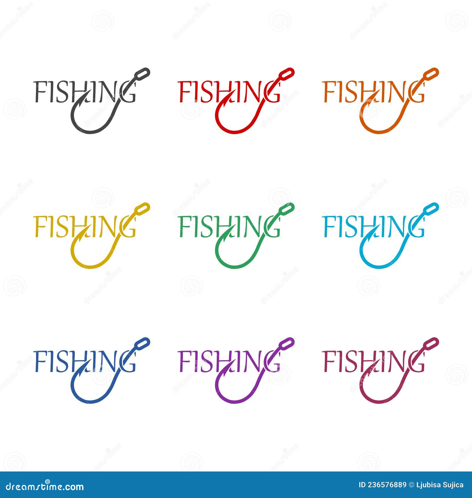 Fishing Word Icon Isolated on White Background, Color Set Stock Vector