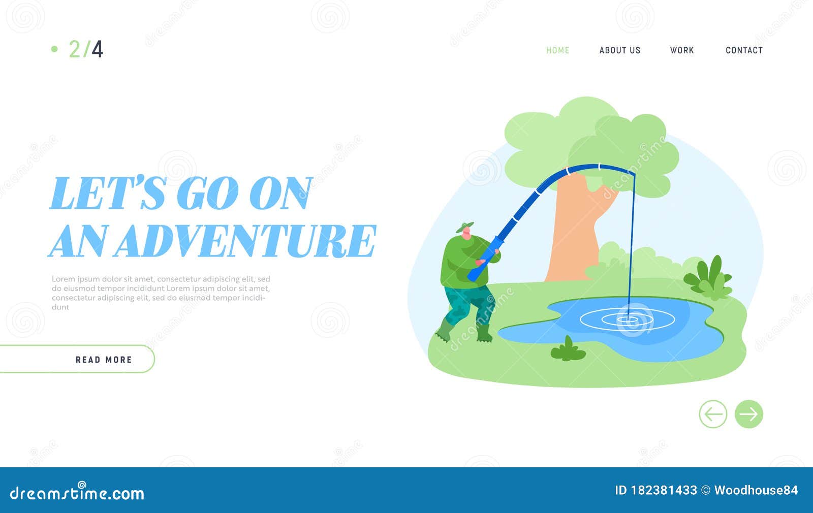 fishman have good catch landing page template. fisherman character with rod catching fish in pond
